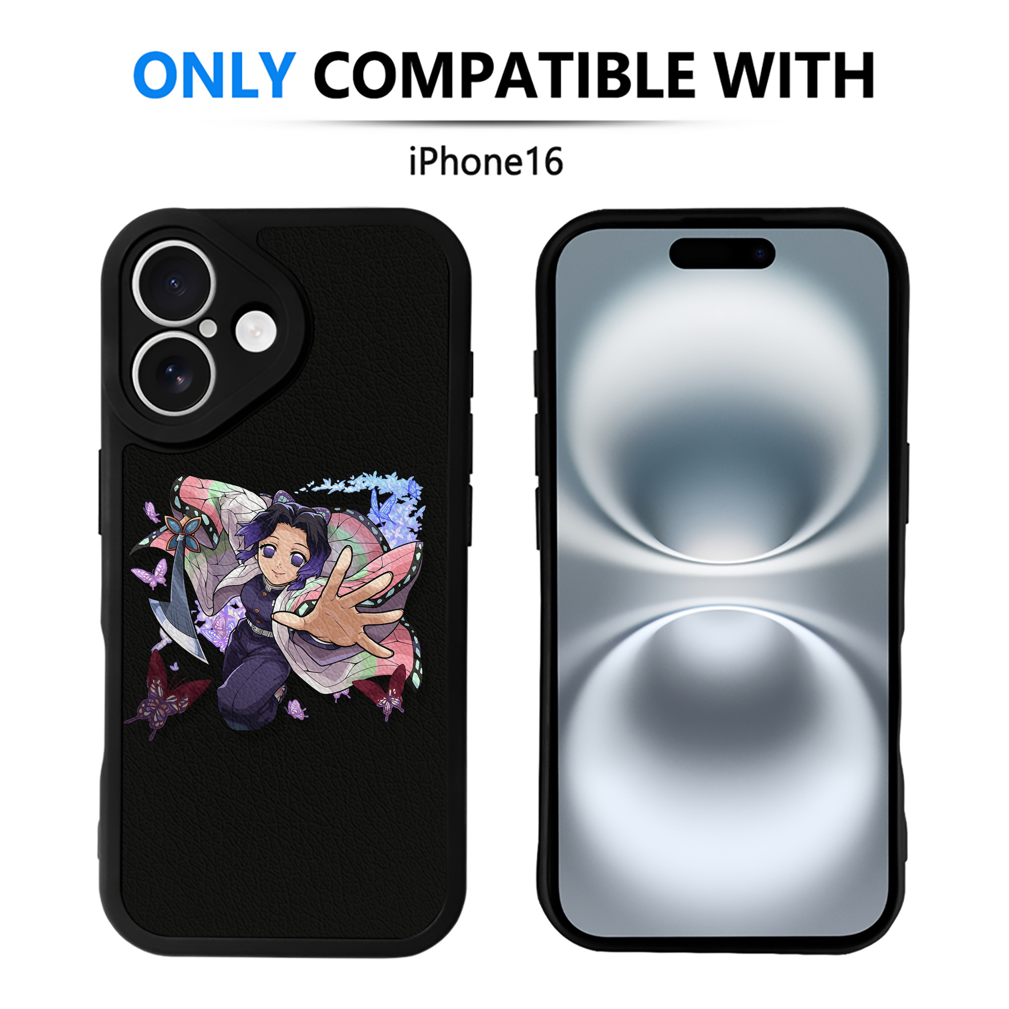 （画像用） 鬼滅の刃（きめつのやいば）蟲柱-胡蝶 しのぶ／こちょう しのぶ Kochou Shinobu 【iPhone 16シリーズ対応】シリコンスマホケース（レザー調） 材質：シリコン